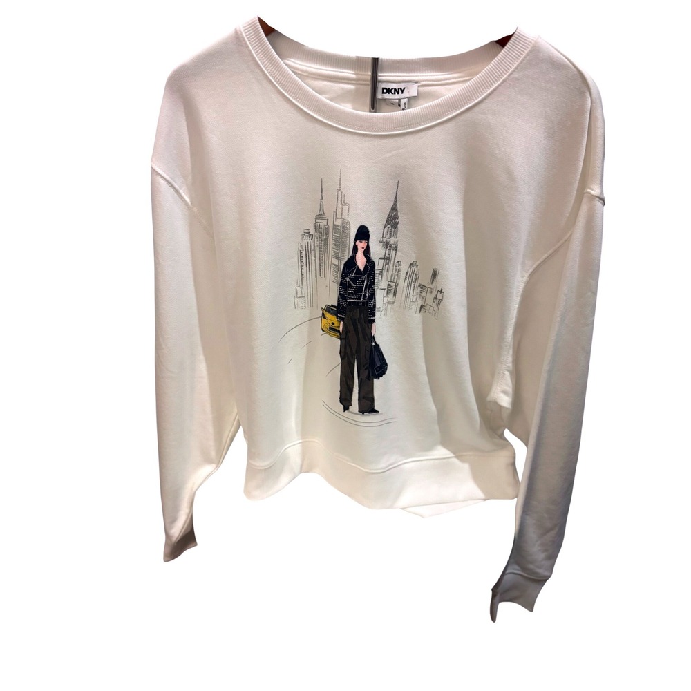 DKNY White Graphic Crewneck‎ Sweatshirt Women's XL NYC Cityscape Sketch Art